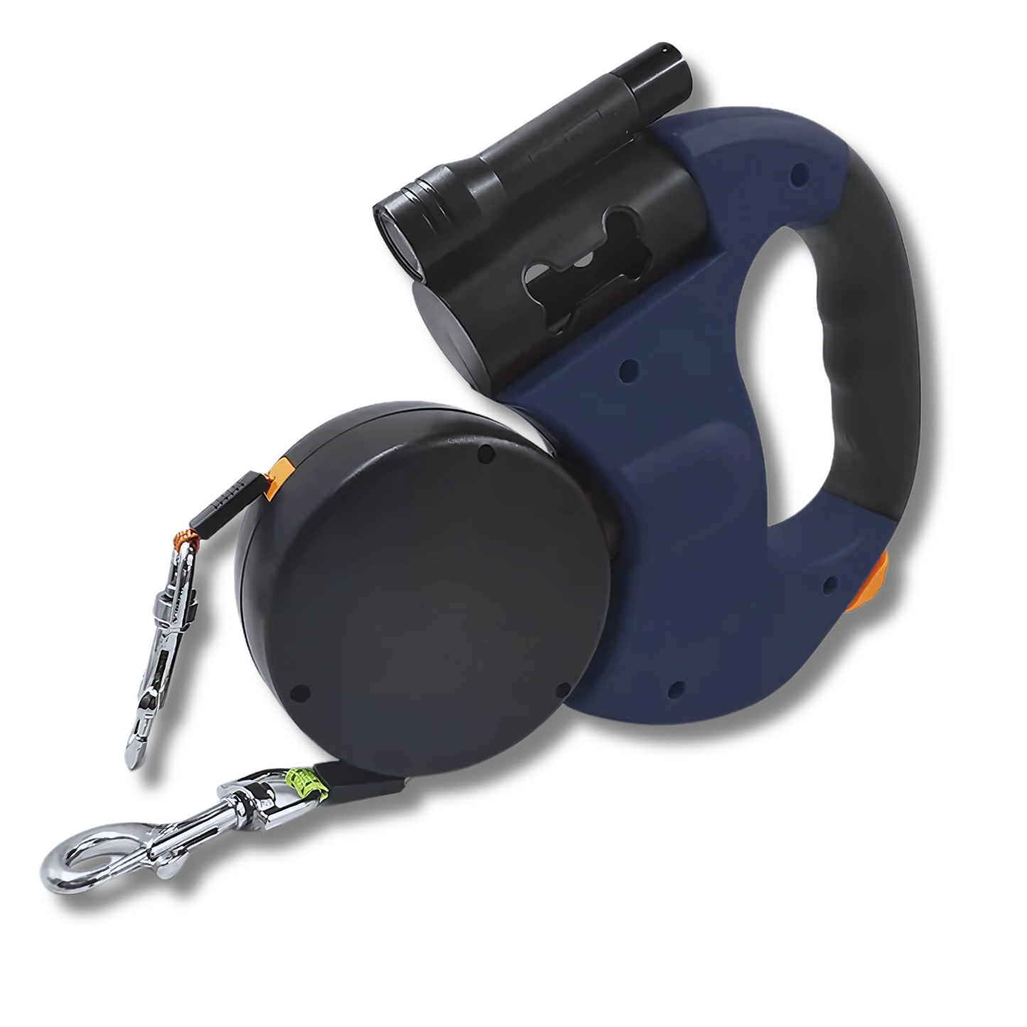 Navy Tangle-Free Dual Dog Leash with built-in flashlight and retractable twin leads for walking two dogs