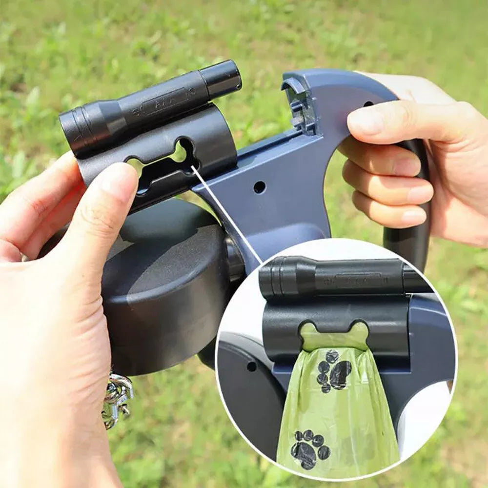 Tangle-Free Dual Dog Leash with integrated waste bag dispenser and detachable flashlight for outdoor convenience