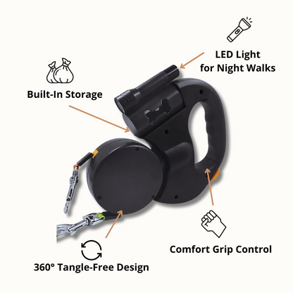 Tangle-Free Dual Dog Leash featuring built-in storage, LED flashlight, 360-degree rotating base, and comfort grip handle