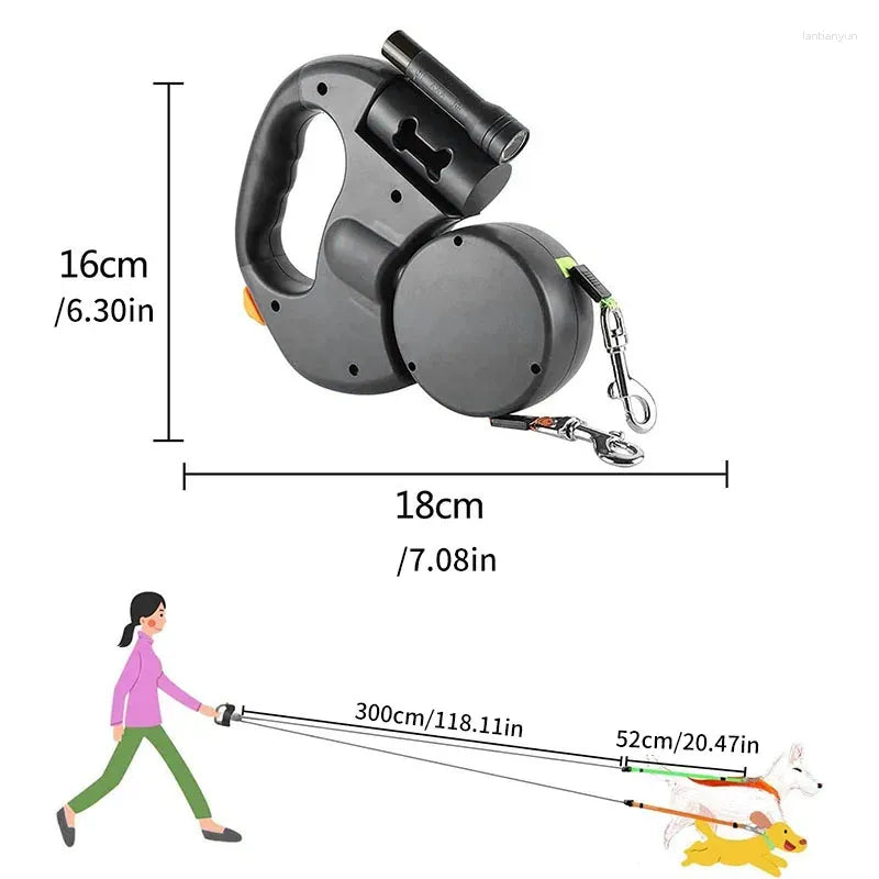 Tangle-Free Dual Dog Leash with ergonomic handle and 3-meter retractable lead, shown with full measurements