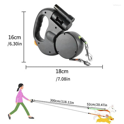 Tangle-Free Dual Dog Leash with ergonomic handle and 3-meter retractable lead, shown with full measurements