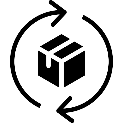 Return and exchange icon with cardboard box inside circular arrows representing easy product returns