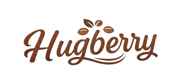 HugBerry logo in cursive font with brown leaf design for a lifestyle and pet care brand