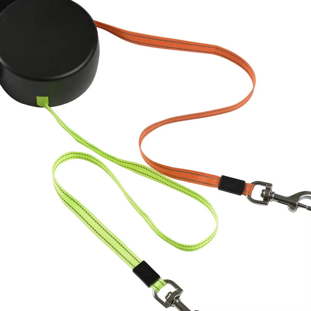 Reflective nylon ropes of Tangle-Free Dual Dog Leash in orange and green with metal swivel clips