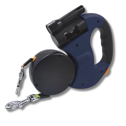 Navy Tangle-Free Dual Dog Leash with built-in flashlight and retractable twin leads for walking two dogs