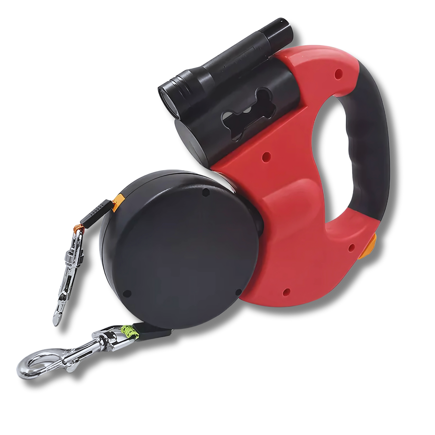 Red Tangle-Free Dual Dog Leash with built-in flashlight and retractable twin leads for walking two dogs