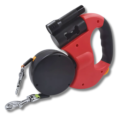 Red Tangle-Free Dual Dog Leash with built-in flashlight and retractable twin leads for walking two dogs