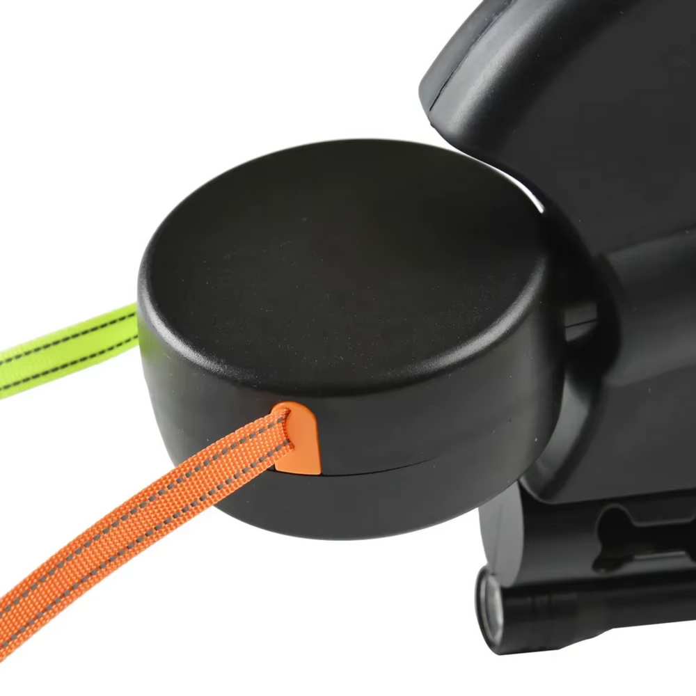 Close-up of tangle-free rotating base on Dual Dog Leash with orange and green reflective ropes