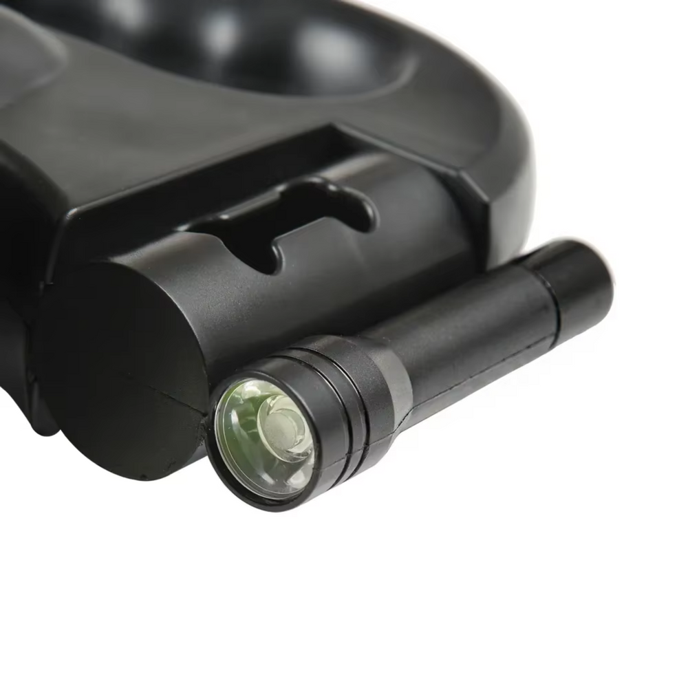 Close-up of LED flashlight attachment on Tangle-Free Dual Dog Leash for enhanced night visibility