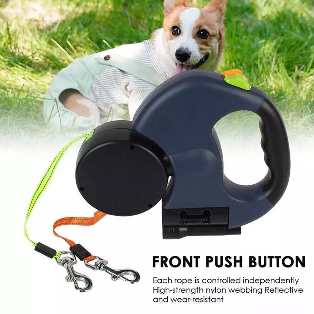 Tangle-Free Dual Dog Leash with independent control system and front push button, shown with reflective nylon ropes
